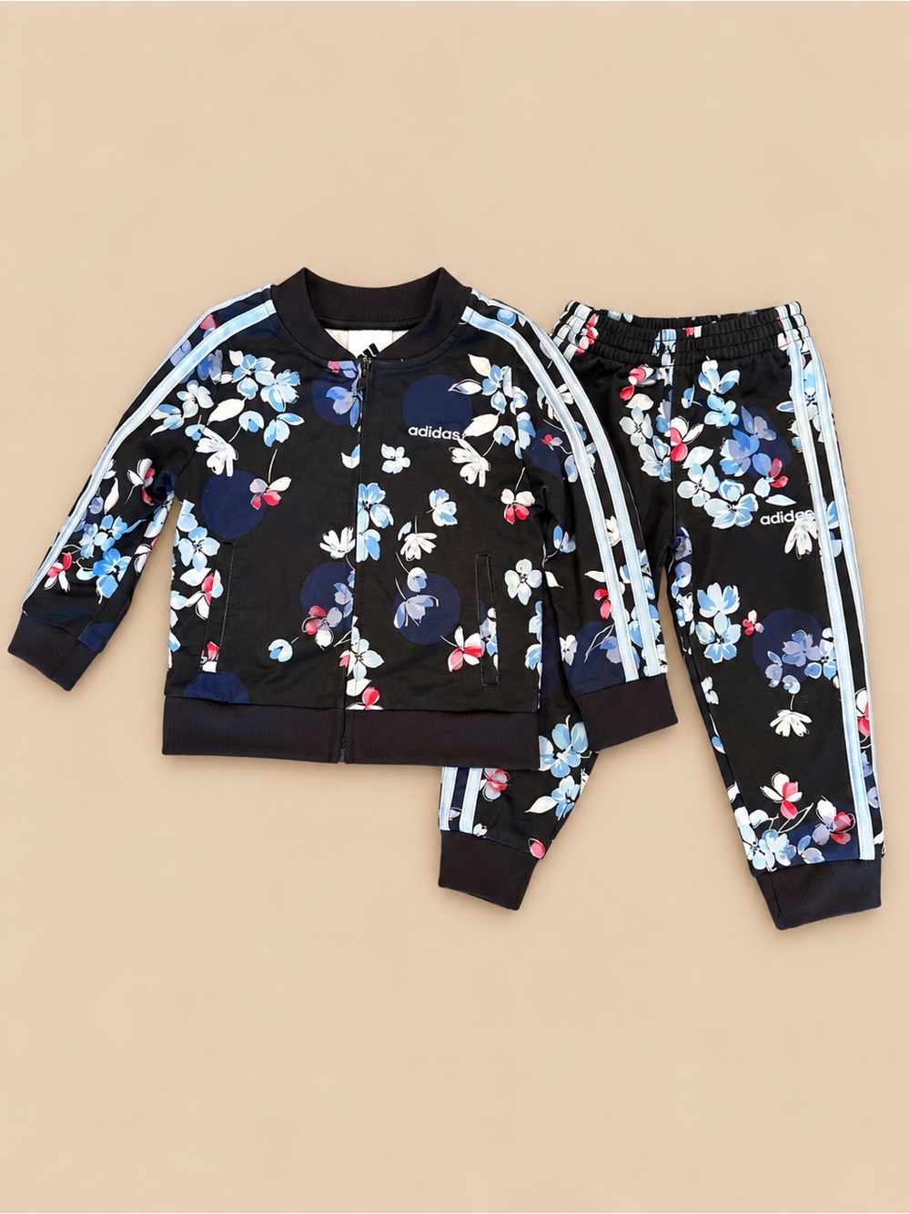 Adidas Girls Floral 3 Stripe Tracksuit Jacket & Pants Set 2T